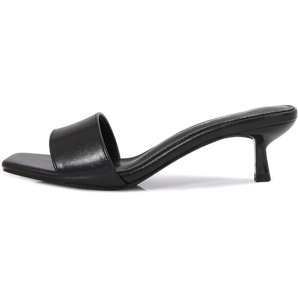 Women's Black Kitten Heels Sandal Heeled Slides Square Open Toe One Band Slip On - Picture 4 of 8